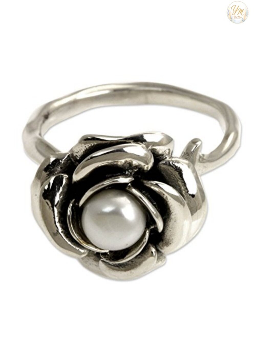 Sterling Silver Pearl Flower Ring Statement Ring Size 9.5